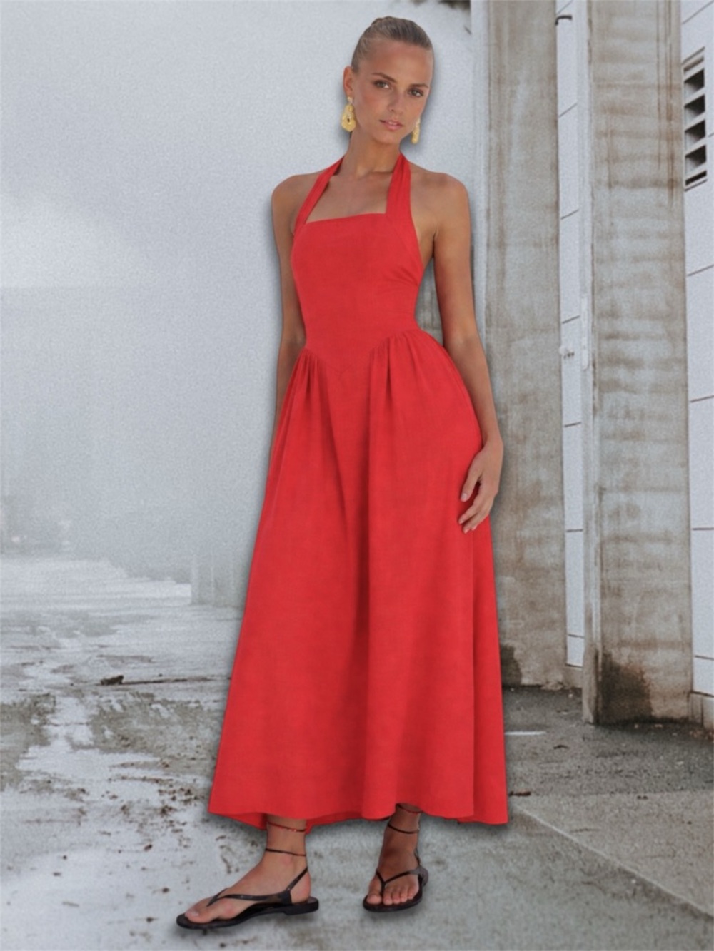 Seven Wonders Coral Red Halter Maxi Lochlea Dress Fitted Drop Waist Bodice S